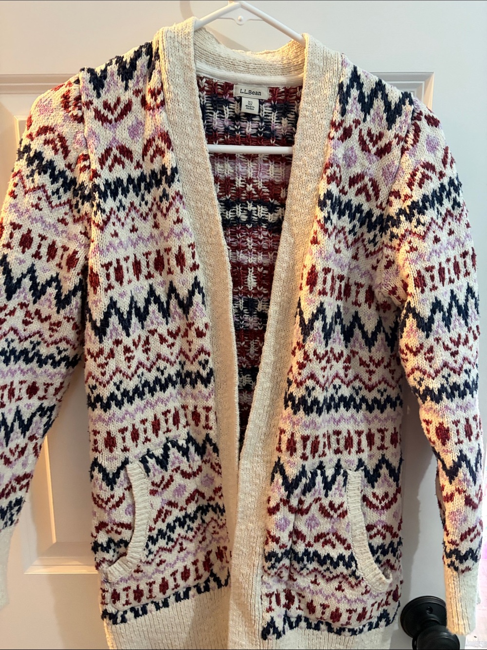 L.L. Bean Cream Fair Isle Open Front Cardigan with Navy and Burgundy Pattern